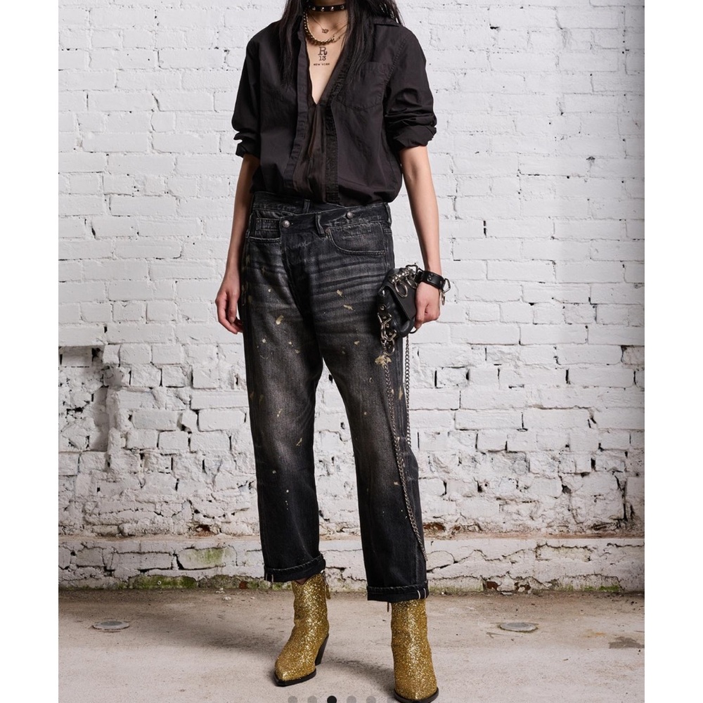 NWT R13 GOLD SPLATTER CROSSOVER JEAN - ETON SELVEDGE BLACK, 28 - Picture 2 of 9